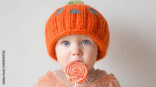 Cute Baby with Pumpkin Hat Enjoying Colorful Lollipop in Autumn