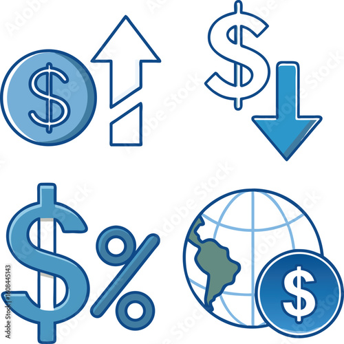 Conceptual illustration of financial concepts including dollar symbol, percent and global finance