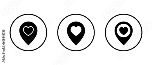 Love marker icon set in circular outline. Location pin with heart symbol. Favorite or romantic place concept