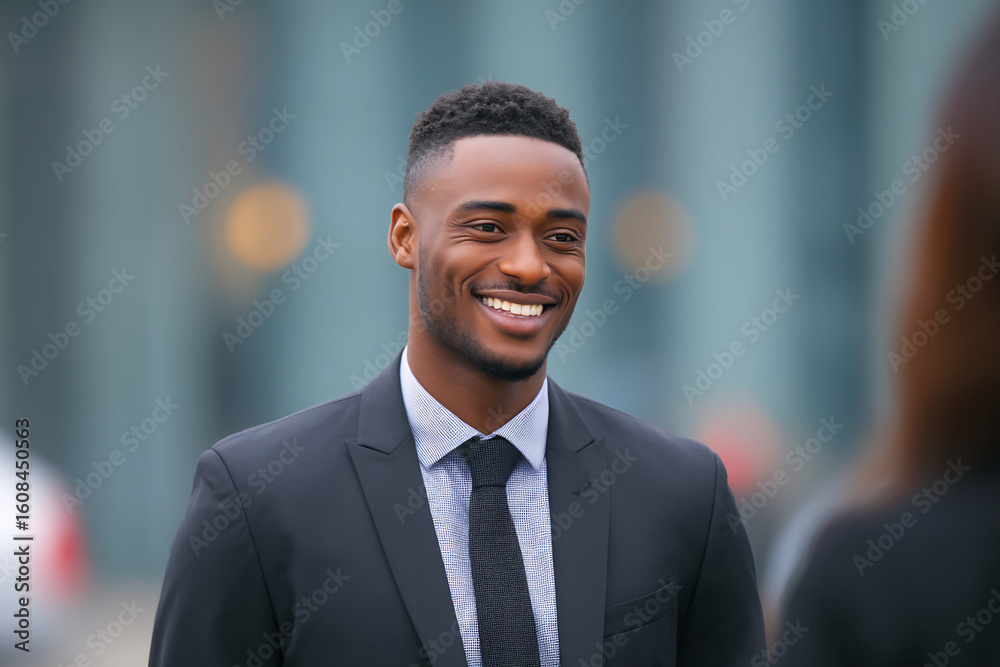 Fototapeta premium smiling businessman talking client meeting success office concept