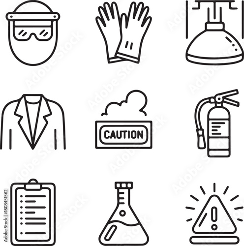 Lab Safety Precautions Doodle Icon Pack Hazard Symbols, Protective Gear, Containment Tools, and Safety Procedures