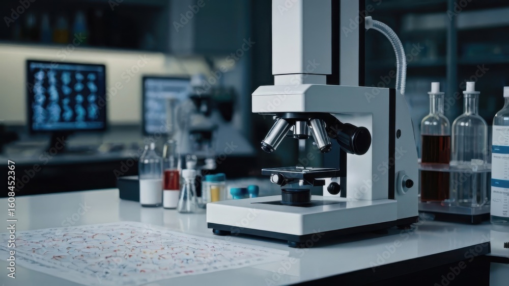 Fototapeta premium Modern Laboratory with Microscope and Research Data