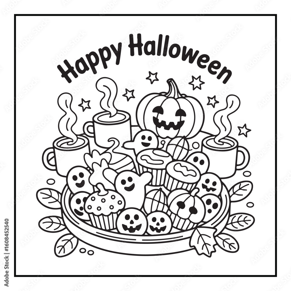 Fototapeta premium Bold and Easy Cozy Halloween Coloring Pages, Line Art, Vector Illustration, Black and White, Halloween, Coloring Pages, Coloring Book, 8.5x8.5