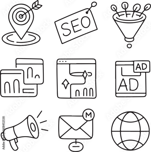 Digital Marketing & Location Targeting Doodle Icons SEO, Geo-Tagging, Funnel Strategy, and Audience Reach Tools