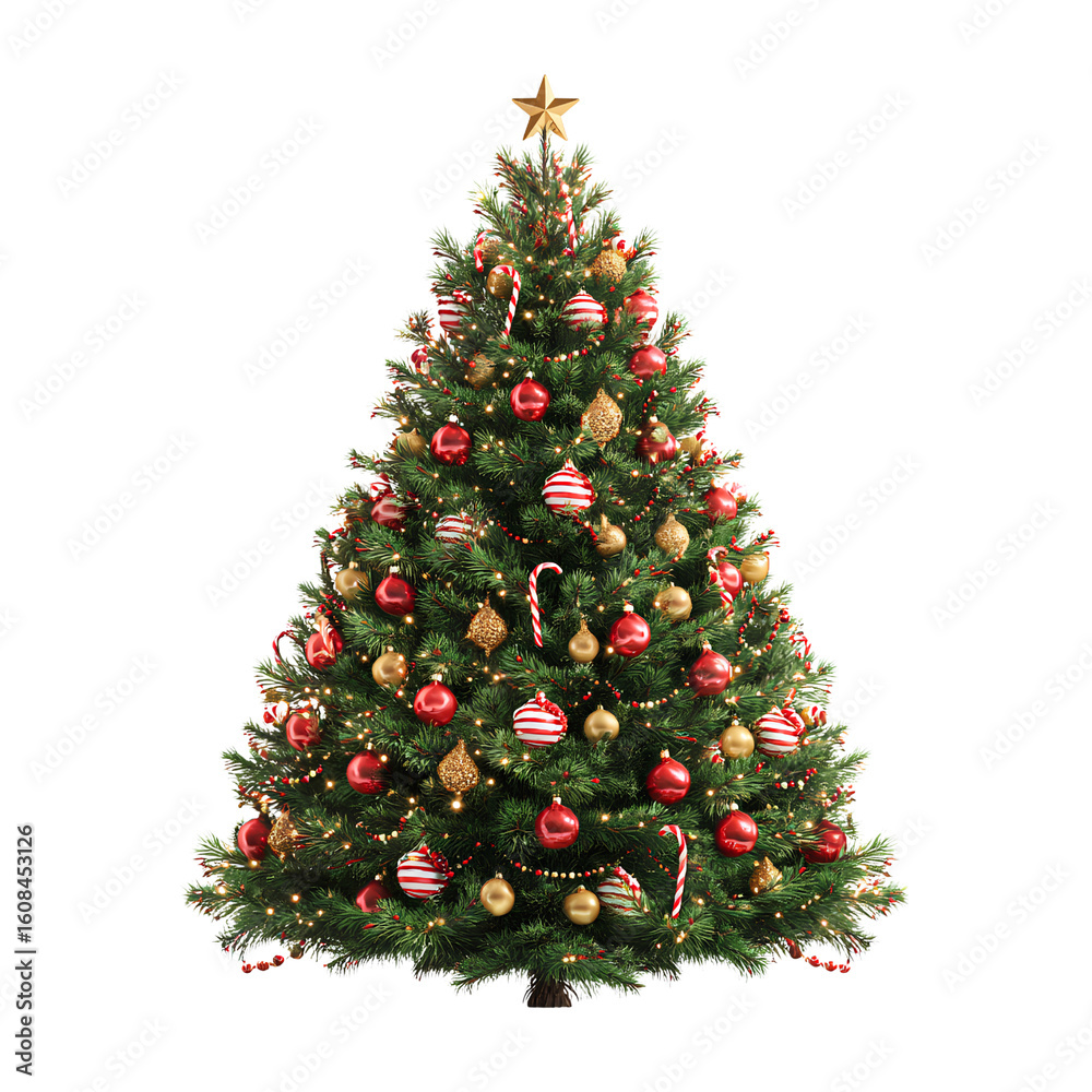 Obraz premium Classic Decorated Christmas Tree with Ornaments and Golden Star Topper, Front View, Isolated on Transparent Background