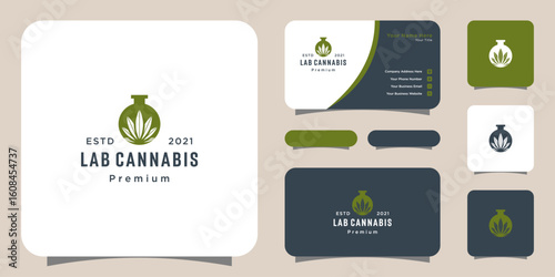 laboratory and Cannabis marijuana leaf logo vector and business card