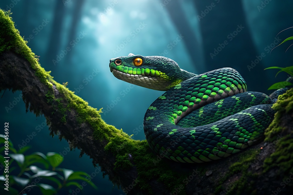Fototapeta premium Green Viper Snake with Vivid Eyes Perched on Mossy Jungle Branch