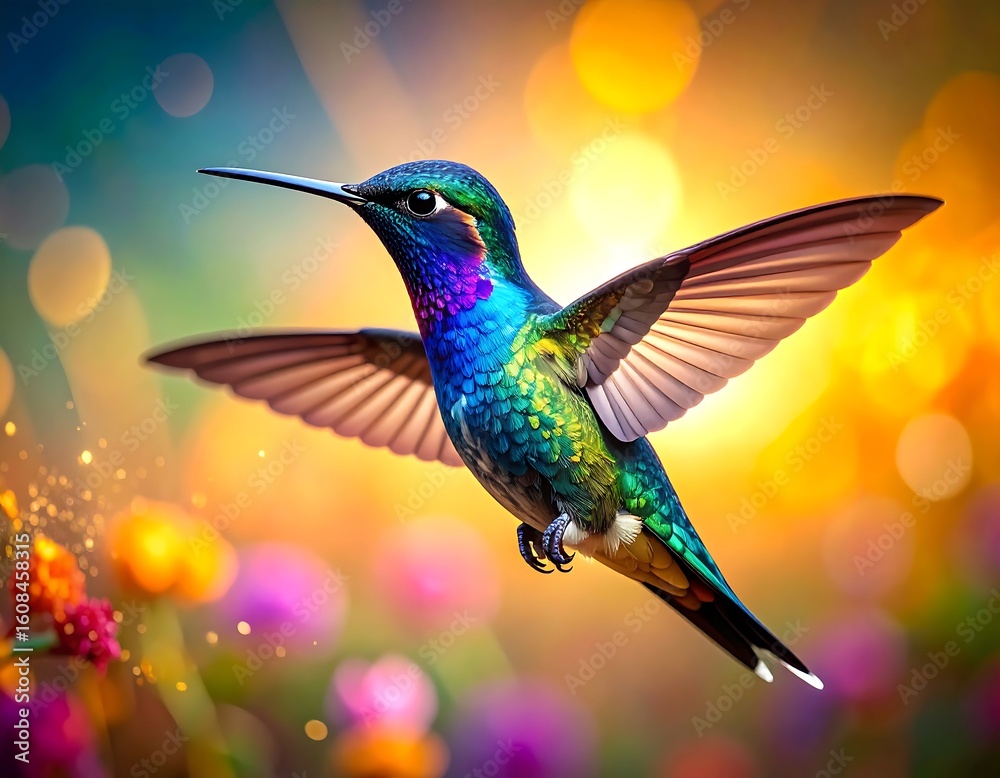 Obraz premium Vibrant hummingbird in flight amidst colorful flowers