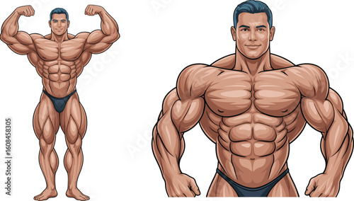 Vector illustration of muscular male bodybuilder flexing, detailed anatomy, fitness athlete design, workout strength concept, gym motivation artwork