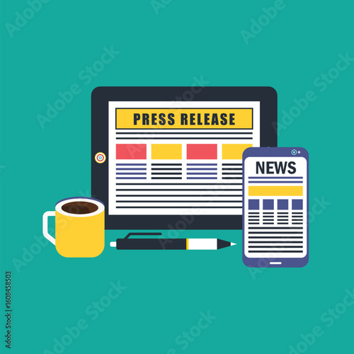 Concept of press release and digital news publishing. Online news and media, Marketing online press media to a wider audience