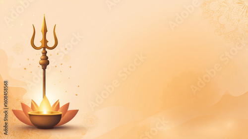 minimalist Bhuvaneshvari Jayanti banner, glowing trishul and OM symbol with lotus flower and diya lamp