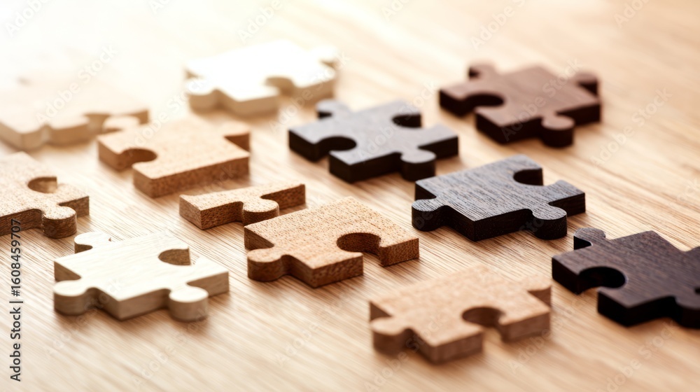 Obraz premium Jigsaw puzzle pieces arranged on wooden table, representing partnership through interconnected shapes. 