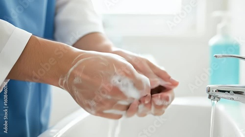 A meticulous healthcare professional demonstrates proper handwashing technique using soap and water, emphasizing hygiene and infection control practices