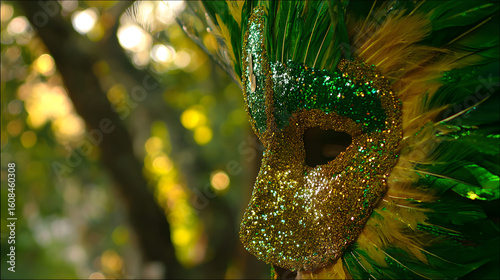 A vibrant carnival mask with golden-green feathers and sequins, set against tropical foliage.