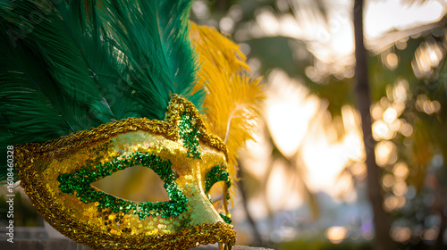 A vibrant carnival mask with golden-green feathers and sequins, set against tropical foliage.