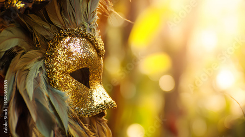 A vibrant carnival mask with golden-green feathers and sequins, set against tropical foliage.
