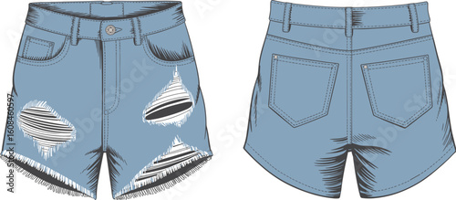 Vector illustration of distressed denim shorts, front and back view, ripped style, fashion apparel design, casual summer outfit, blue clothing item