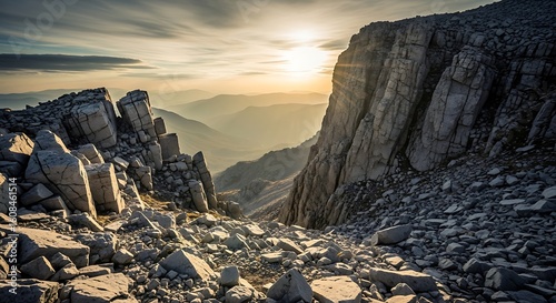 Rocky mountain pass with sunlit peaks and hazy valleys at sunrise image
