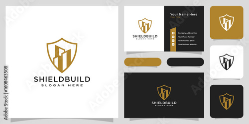 building and shield line style logo and business card