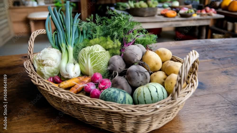 Freshly harvested vegetables in a woven basket arranged on a rustic wooden table at a local market