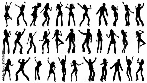 Silhouette figures of people dancing and partying in various poses and positions on a white background