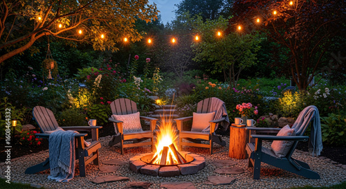 Cozy Outdoor Fire Pit Area with Adirondack Chairs and String Lights.