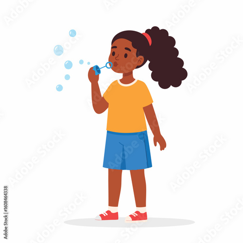 A young girl with dark skin blows bubbles with a bubble wand, creating floating spheres.