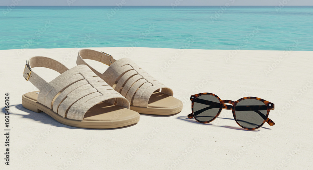Fototapeta premium Beige sandals and sunglasses on beach