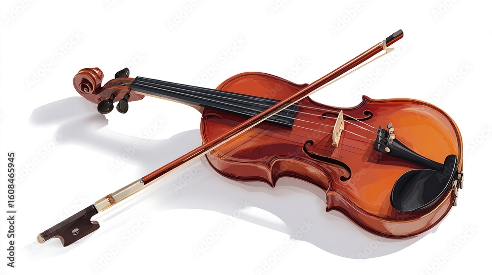 Fototapeta premium Wooden violin instrument with bow, casting soft shadow, isolated on white