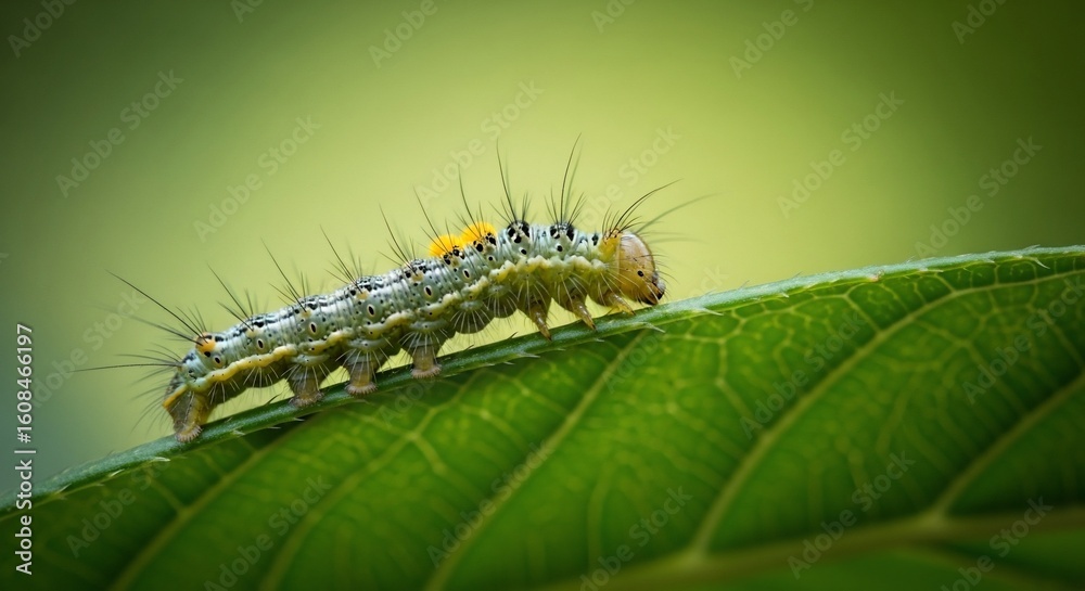 Fototapeta premium A close-up of a hairy caterpillar crawling on a vibrant green leaf surface