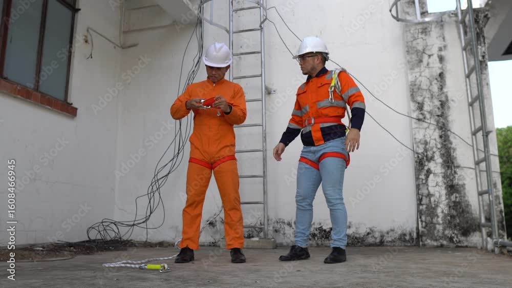 A technician or engineer safely climbs a rooftop ladder wearing full ...