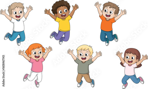 Happy children jumping in fun, diverse kids celebrating joy, playful childhood moments, colorful cartoon illustration, cheerful kids, 