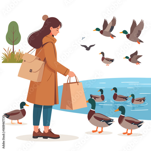A woman feeding ducks near a pond, with birds flying overhead.