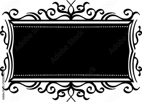 featuring an ornamental frame design with a black blank space in the middle for adding text