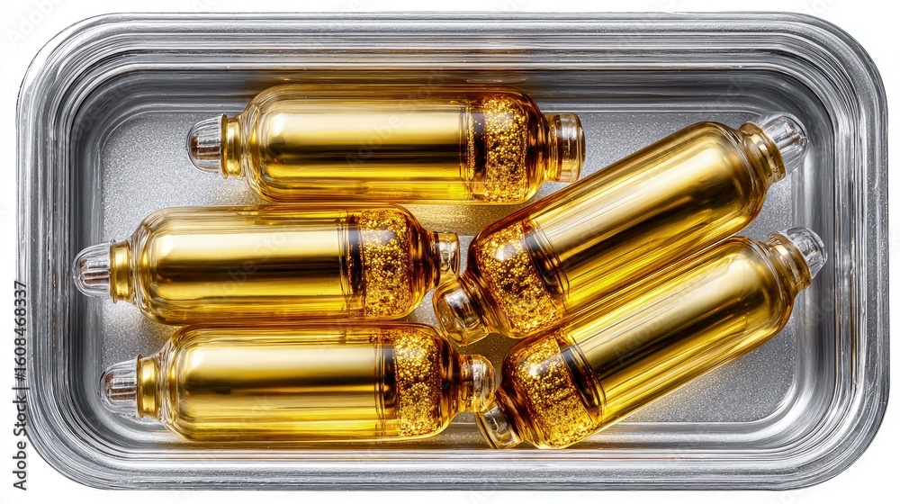 Naklejka premium Golden cylindrical containers in silver tray