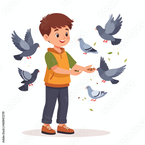 A young boy is happily feeding several pigeons with seeds in his hands.