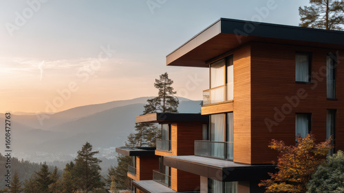 closeup of modern wooden facades of buildings featuring contemporary log houses against stunning sunset