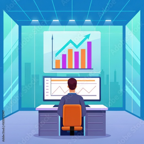 investor opportunity stocks successful goals concept. Illustration of a person analyzing data in a modern office setting.