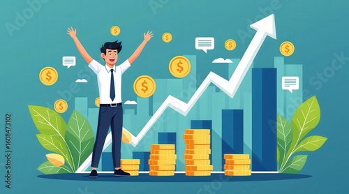 investor opportunity stocks successful goals concept. Happy businessman celebrating financial success with rising graphs and coins.