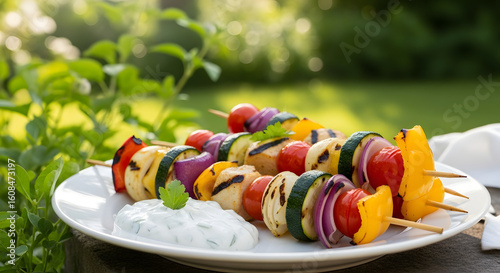 Delicious grilled vegetable skewers with dip served outdoors on a sunny day