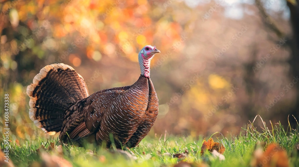 A turkey standing in a grassy field with autumn leaves in the background. A turkey standing in a grassy field with autumn leaves in the background.