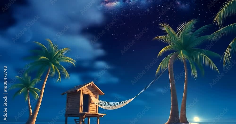 Tiny wooden hut with a hammock between palm trees, calm night with stars, 2026