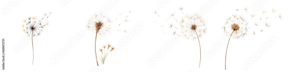 Fototapeta premium Dandelion Seeds Blowing Away in the Wind - Isolated