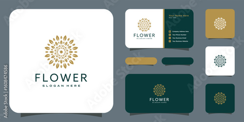 Flower mono line luxury logo with business card design