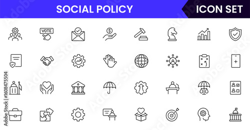 Social policy vector line icons featuring equality, justice, welfare, community support, legislation, rights, advocacy, diversity, and public services concepts.