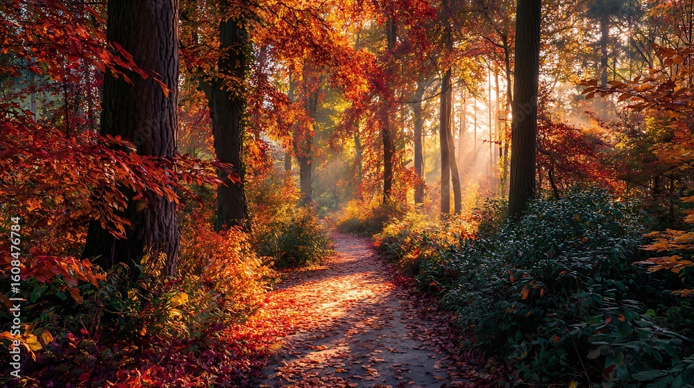 Obraz premium Autumn path through colorful forest woods