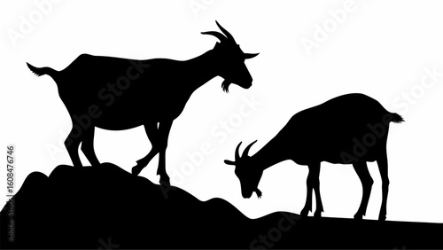 Silhouette of two goats one standing on a hill and the other grazing on a white background landscape view | editable eps vectors