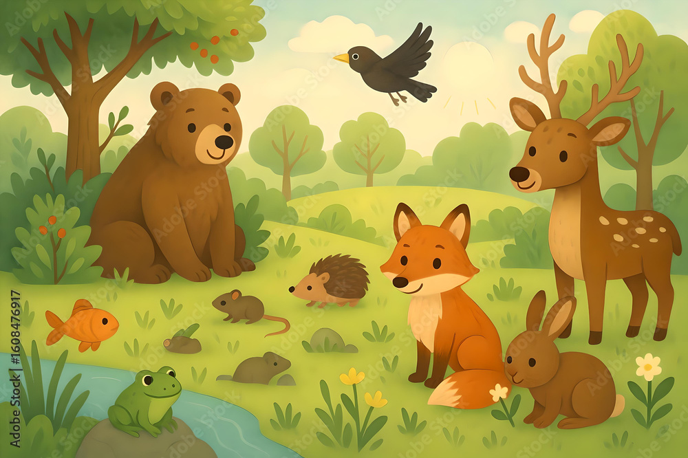 Naklejka premium Forest Animals Illustration – Bear, Fox, Deer