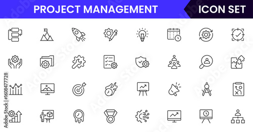 Quality management vector line icons featuring inspections, checklists, standards, testing, certifications, audits, processes, improvements, compliance, and product accuracy symbols.
