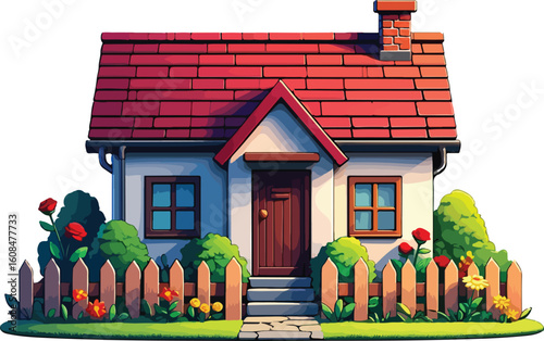 Charming house with red roof and blooming garden home building style vector illustration EPS file download	